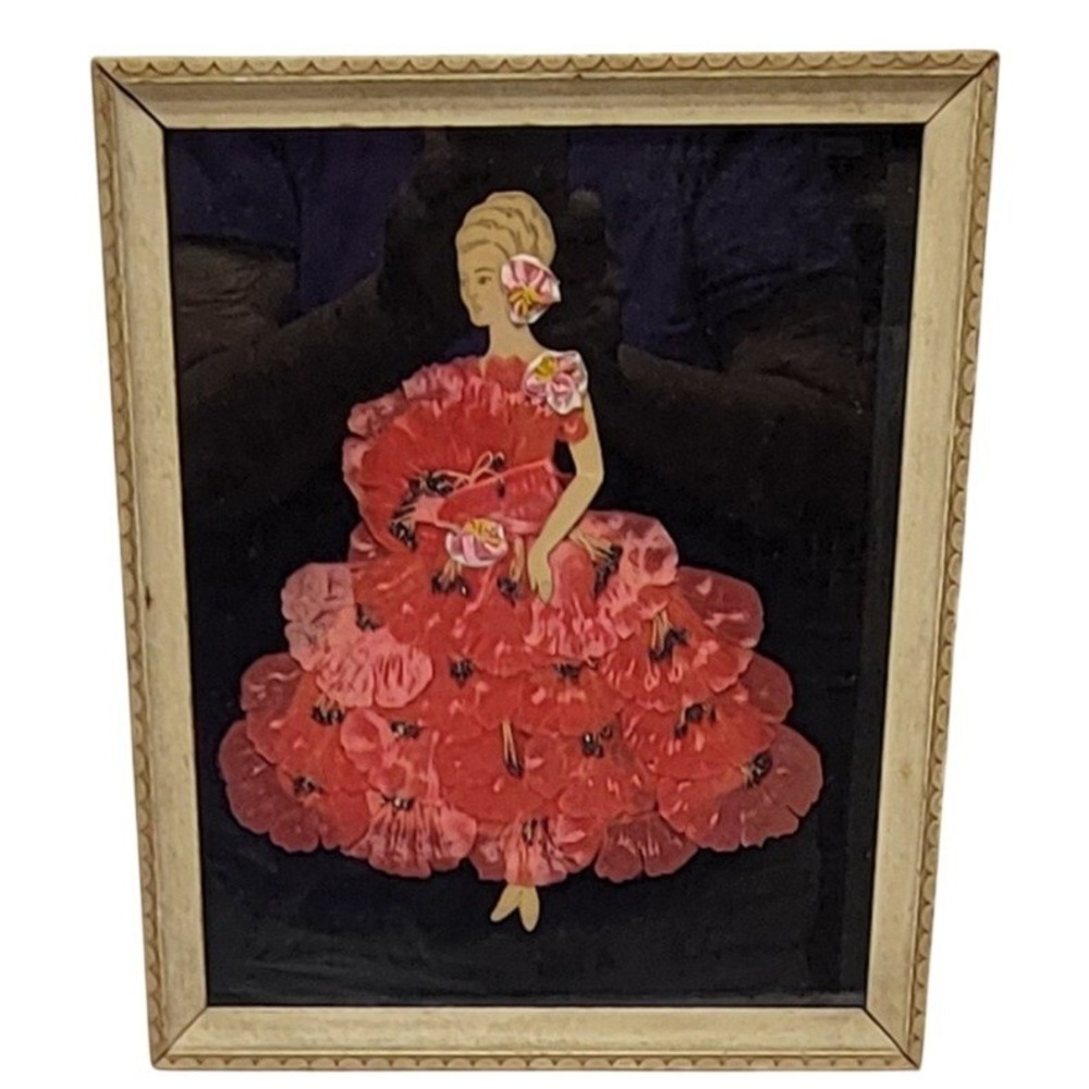 Vintage 3D Art Framed Woman Pink Red Silk Flower Dress Mid Century Decor